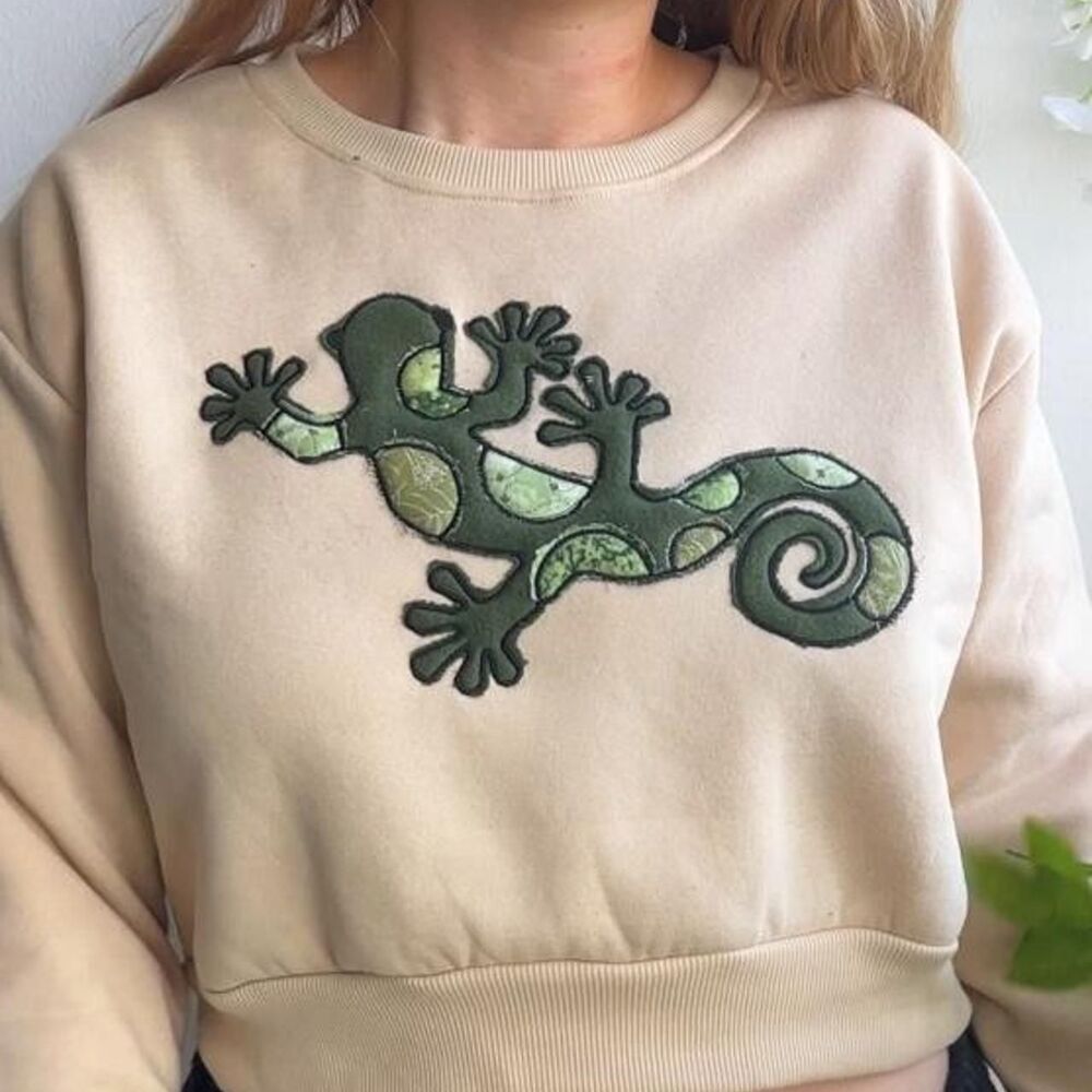 Upcycled Embroidered Patchwork Lizard Soft Relaxed Fit Crop Crewneck